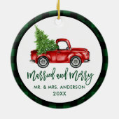 Brush Script Truck Green Kariert Verheiratet Merry Keramik Ornament (Hinten)