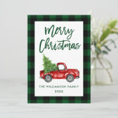 Brush Script Truck Green Kariert Weihnachtskarte Einladung (Stehend Vorderseite)