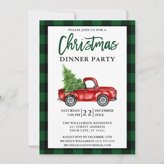 Brush Script Truck Green Kariertes Weihnachtsessen Einladung (Vorderseite)