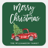 Brush Script Truck Weihnachten Grün Quadratischer Aufkleber (Vorderseite)