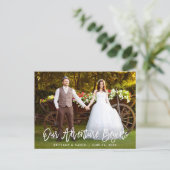 Brush Script Unser Abenteuer beginnt Hochzeit dank Postkarte (Stehend Vorderseite)
