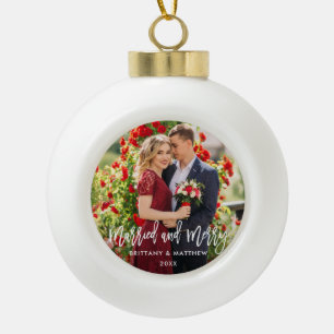 Brush Script Verheiratet und Merry Foto Wedding Keramik Kugel-Ornament