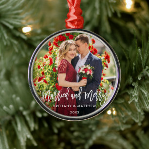 Brush Script Verheiratet und Merry Foto Wedding Ornament Aus Metall