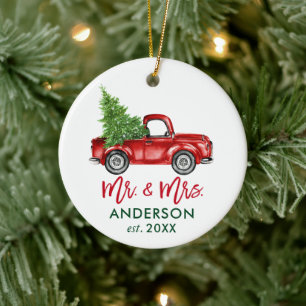 Brush Script Vintag Red Truck Mr. and Mrs. Keramik Ornament