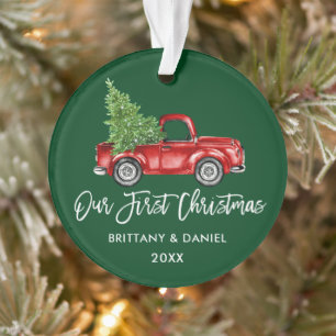 Brush Script Vintag Truck Erstes Weihnachtsgrün Ornament