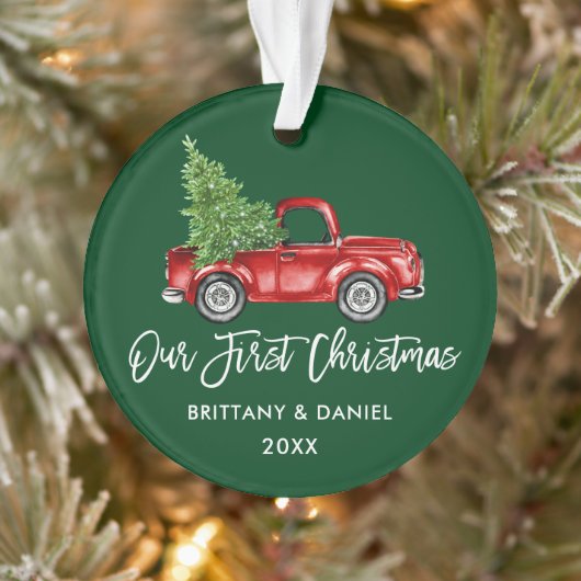 Brush Script Vintag Truck Erstes Weihnachtsgrün Ornament (Baum)