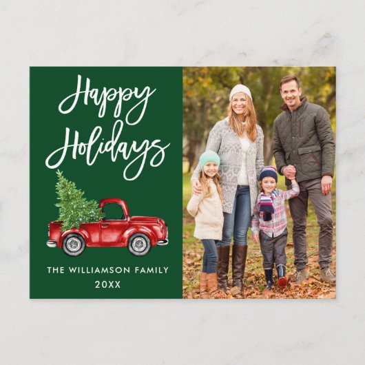 Brush Script Vintag Truck Foto Holidays Grün Postkarte (Vorderseite)
