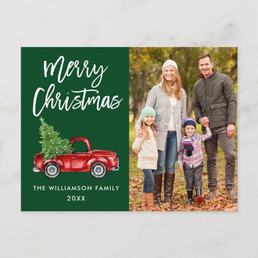 Brush Script Vintag Truck Foto Weihnachten Grün Postkarte (Vorderseite)