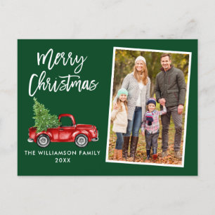 Brush Script Vintag Truck Foto Weihnachten Grün Postkarte