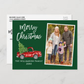 Brush Script Vintag Truck Foto Weihnachten Grün Postkarte (Vorne/Hinten)