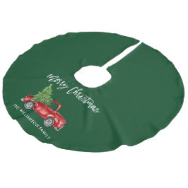 Brush Script Vintag Truck Weihnachten Grün Leinenimitat Weihnachtsbaumdecke