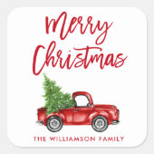 Brush Script Vintag Truck Weihnachten Quadratischer Aufkleber (Vorderseite)