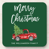 Brush Script Vintag Truck Weihnachtsbaum Grün Getränkeuntersetzer (Vorderseite)