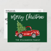 Brush Script Vintag Truck Weihnachtsbaum Grün Postkarte (Vorne/Hinten)