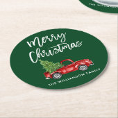 Brush Script Vintag Truck Weihnachtsbaum Grün Runder Pappuntersetzer (Angewinkelt)