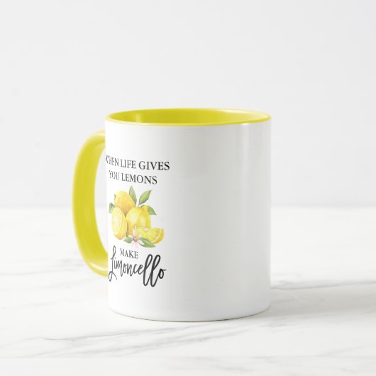 Brush Script Wasserfarbe Zitronen Limoncello Gelb Tasse (Vorderseite Links)