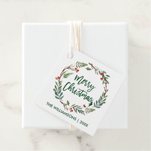 Brush Script Watercolor Wreath Frohe Weihnachten Geschenkanhänger (Beispiel)