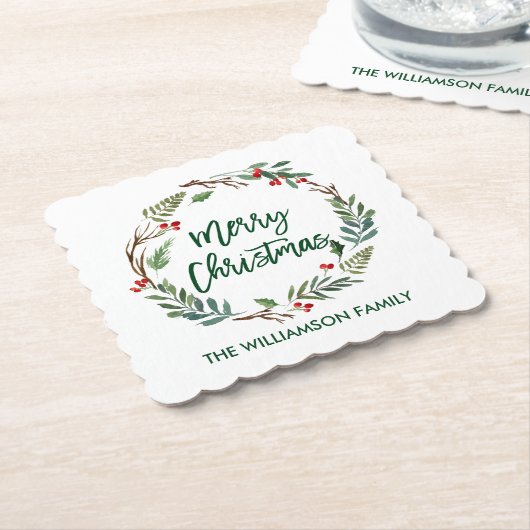 Brush Script Watercolor Wreath Frohe Weihnachten Untersetzer (angewinkelt)