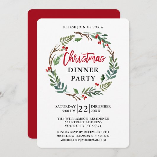 Brush Script Watercolor Wreath Red Christmas Party Einladung (Vorne/Hinten)