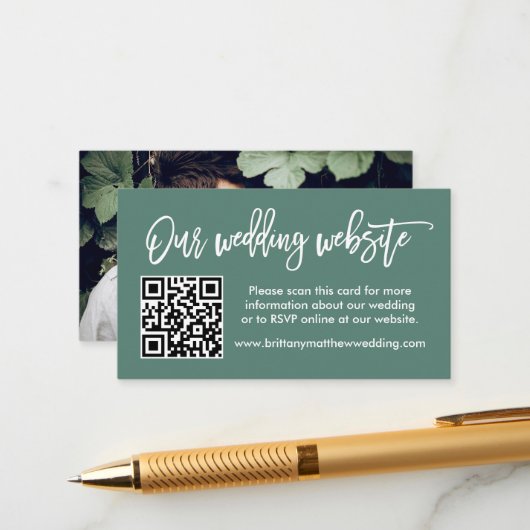 Brush Script Website QR Foto Eucalyptus Green Begleitkarte (Vorderseite/Rückseite Beispiel)
