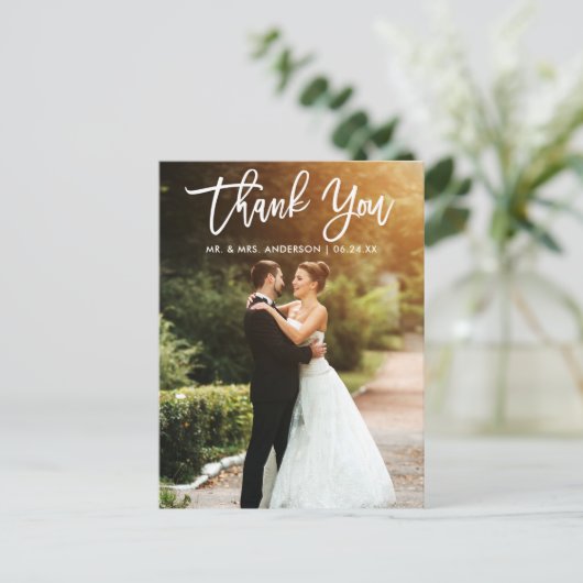 Brush Script Wedding Bride Groom Foto Postkarte (Stehend Vorderseite)