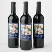 Brush Script Wedding Danke Blue Foto Weinetikett (Flaschen)