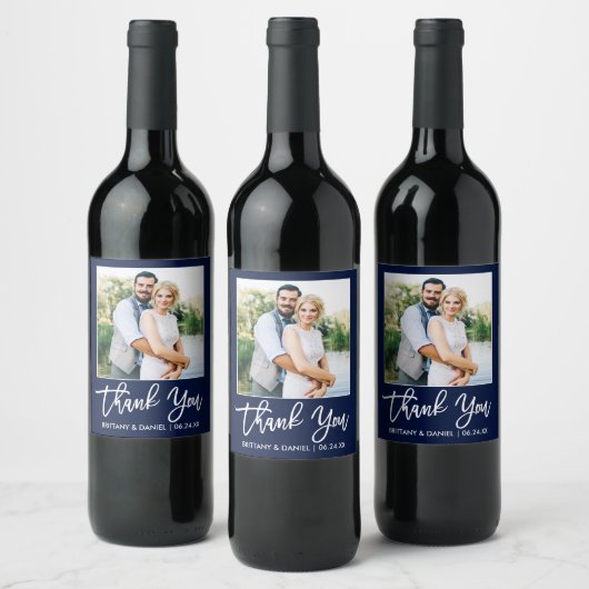 Brush Script Wedding Danke Blue Foto Weinetikett (Flaschen)