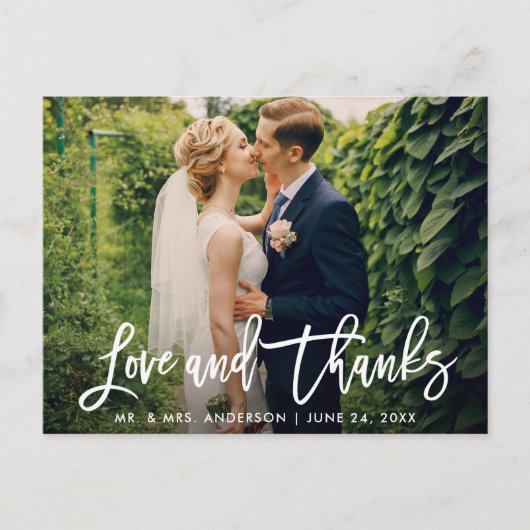 Brush Script Wedding Foto Liebe und Dank Modern Postkarte (Vorderseite)