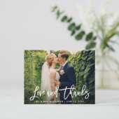 Brush Script Wedding Foto Liebe und Dank Modern Postkarte (Stehend Vorderseite)