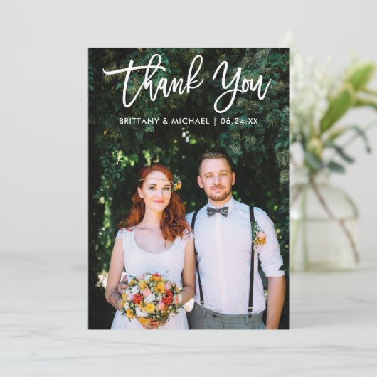 Brush Script Wedding Foto Wood Danke Karte WT (Stehend Vorderseite)