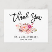 Brush Script Wedding Pink Floral Vielen Dank Postkarte (Vorderseite)