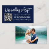 Brush Script Wedding Website QR Foto Blue Begleitkarte (Vorne/Hinten)