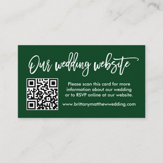 Brush Script Wedding Website QR Foto Green Begleitkarte (Vorderseite)