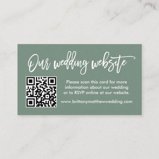 Brush Script Wedding Website QR Foto Sage Green Begleitkarte (Vorderseite)