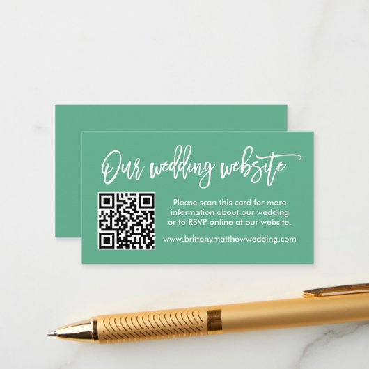 Brush Script Wedding Website QR Neo Mint Green Begleitkarte (Vorderseite/Rückseite Beispiel)