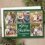 Brush Script Weihnachten 5 Foto Grün<br><div class="desc">Modern Brush Script Frohe Weihnachten 5 Foto Collage Holiday Card - Forest Green</div>