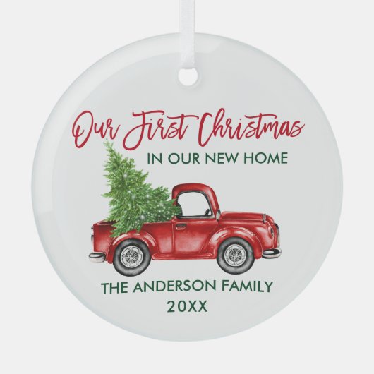 Brush Script Weihnachten Neue Zuhause Truck Runde Ornament Aus Glas (Vorderseite)