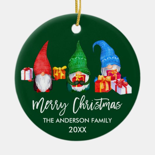 Brush Script Weihnachten Wasserfarben Gnomes Green Keramik Ornament (Vorne)