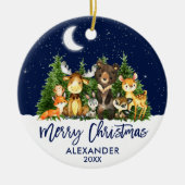 Brush Script Weihnachts-Woodland Tiere Blue Keramik Ornament (Vorne)