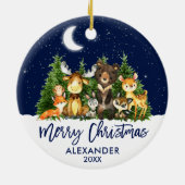 Brush Script Weihnachts-Woodland Tiere Blue Keramik Ornament (Hinten)
