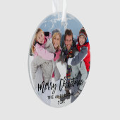 Brush Script Weihnachtsfamilie Foto White Ribbon Ornament (Vorderseite)
