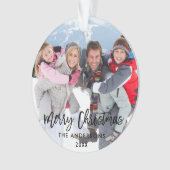 Brush Script Weihnachtsfamilie Foto White Ribbon Ornament (Vorderseite)