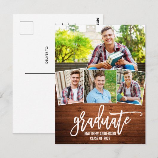 Brush Script Wood Abschluss Ankündigung Postkarte (Vorne/Hinten)