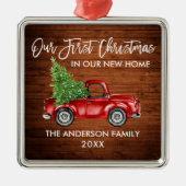 Brush Script Wood Erste Weihnachtsfeier Neuer Zuha Ornament Aus Metall (Vorne)