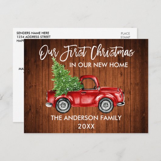 Brush Script Wood Erste Weihnachtsfeier Neuer Zuha Postkarte (Vorne/Hinten)