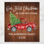 Brush Script Wood Erste Weihnachtsfeier Neuer Zuha Weinetikett (Einzelnes Label)