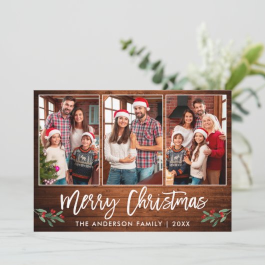 Brush Script Wood Greenery 3 Foto Weihnachten (Stehend Vorderseite)