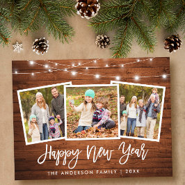 Brush Script Wood Lights 3 Foto Happy New Year Postkarte