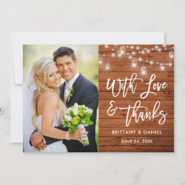 Brush Script Wood Lights Liebe und Dank Hochzeit Dankeskarte