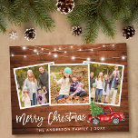 Brush Script Wood Lights Lights Truck 3 Foto Weihn Postkarte<br><div class="desc">Rustikales Holz Pinsel Drehbuch 3 Foto Familie Frohe Weihnachtskarte mit String Lights - Aquarell Vintag Red Truck mit Weihnachtsbaum</div>